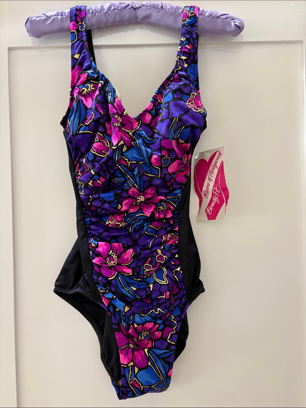 Vintage Maxine of Hollywood Beauty Fit Ruched Floral One Piece Swimsuit 14 NWT